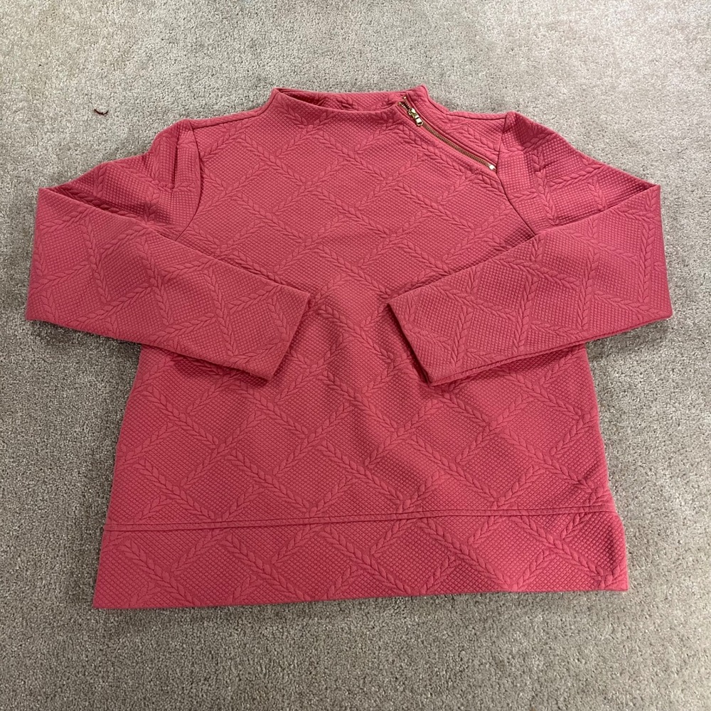 Talbots Quilted Pullover Womens Medium Pink Mock Neck Shoulder Zip Textured